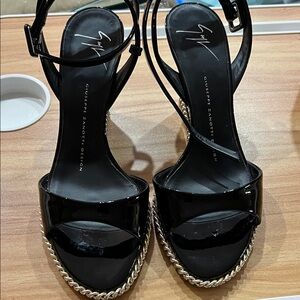 Giuseppe Zanotti Black Patent Leather Chain-Trim High Heel Sandals